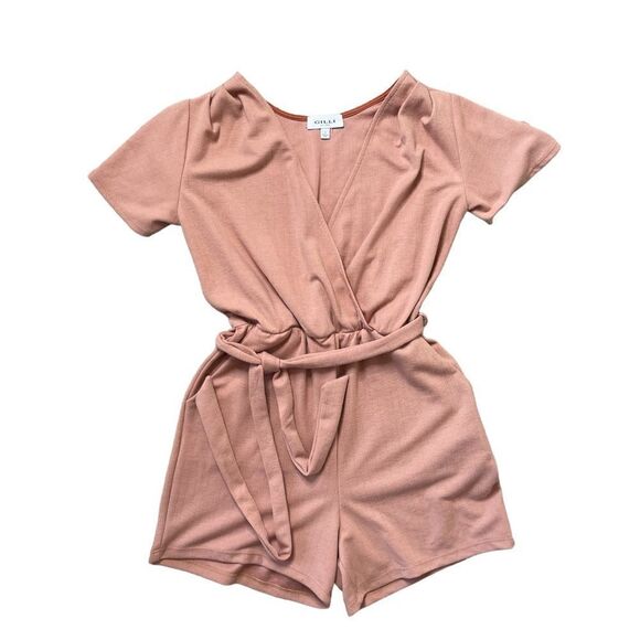 Gilli Surplice Faux Wrap Style Short Sleeve Romper in Salmon Size Small - Picture 1 of 15